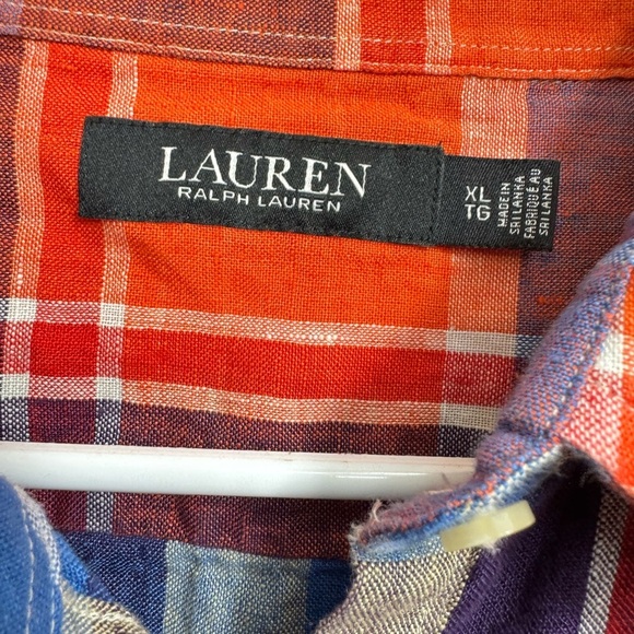 Lauren Ralph Lauren Size XL Shirt 100% Linen Long Sleeve Plaid Orange Blue - Picture 3 of 6